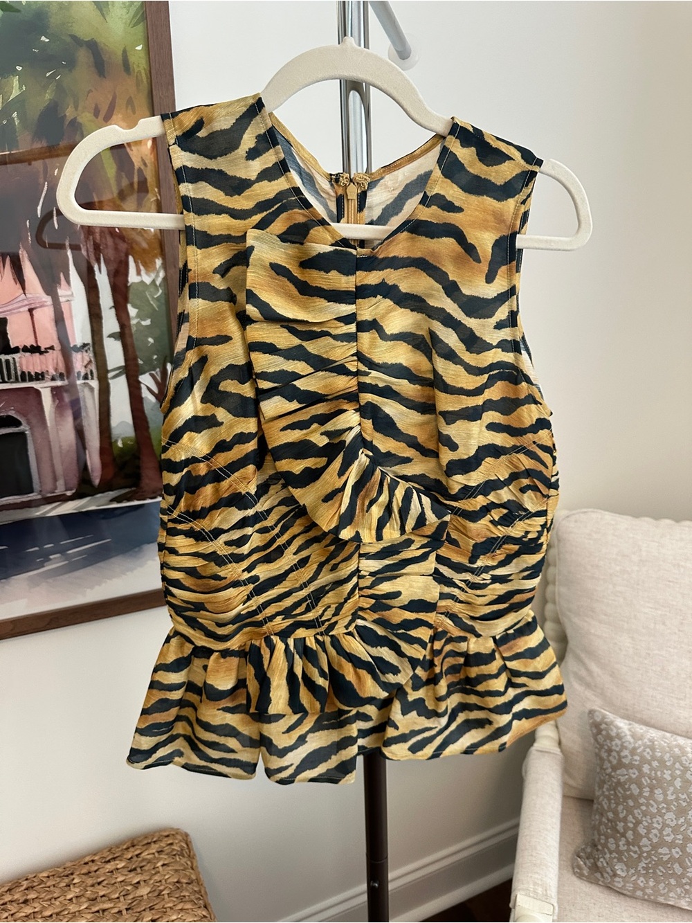 HUNTER BELL Yellow and Black Tiger-Print Sleeveless Peplum Top